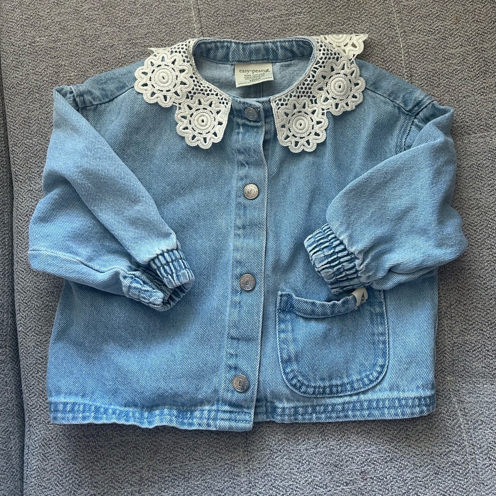 Easy Peasy Light Blue Denim Kids Jacket with Lace Collar